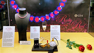 The GIA Museum’s “Paint the Town Ruby Red” exhibit at TGMS featured a Burmese ruby and diamond necklace and earrings, courtesy of Mona Lee Nesseth (Custom Estate Jewels) and a private collector. Photo by Terri Ottaway.