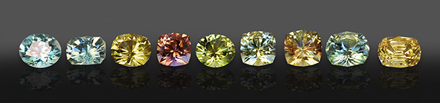 Figure 16. A suite of heated Montana sapphires, 0.76–1.04 ct, displaying a range of colors. Courtesy of Rachel Hill, Americut Gems.