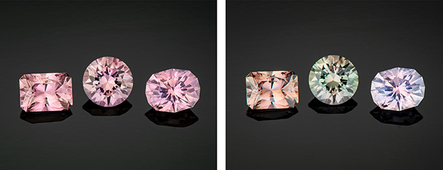 Figure 21. Some secondary Montana sapphires exhibit a color change between incandescent illumination (left) and daylight (right). These examples are unheated and range from 0.74 to 0.83 ct. Photos by Robert Weldon; courtesy of Jeffrey R. Hapeman, Earth’s Treasury, Inc.