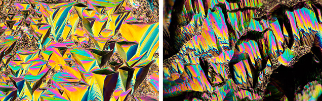Figure 26. Differential interference contrast imaging of the surface of a rough sapphire from Dry Cottonwood Creek showing etch features on the basal pinacoid surface (left, perpendicular to the <em>c</em>-axis) and on the prismatic crystal face (right, parallel to the <em>c</em>-axis). Photomicrographs by Aaron Palke; field of view 0.72 mm.