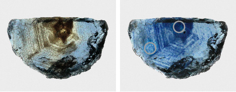 Figure 43. The Rock Creek sapphire in example 2, measuring 11.7 × 7.2 mm, before (left) and after (right) heat treatment shows the blue color introduced by heat treatment. The gray circles on the right show the positions of the UV-Vis spectroscopic measurements. Photos by Aaron Palke.