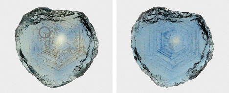 Figure 46. The Rock Creek sapphire in example 3, measuring 9.5 × 9.2 mm, before (left) and after (right) heat treatment shows creation of blue color by heat treatment. The gray circle on the left shows the position of the UV-Vis spectroscopic measurement. Photos by Aaron Palke.