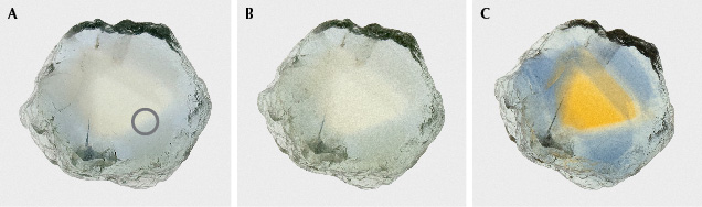 Figure 54. The Dry Cottonwood Creek sapphire in example 5, measuring 7.2 × 6.7 mm: unheated (A), heated to 1200°C in pure O<sub>2</sub> (B), and heated to 1700°C in pure O<sub>2</sub> (C). The gray circle shows area of analysis. Photos by Aaron Palke.