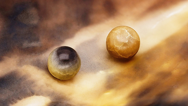 Figure 1. Two pen pearls from Bahrain displayed on a pen shell originating from the same waters. Both the shell and the pearls exhibit a similar color pattern. Pearl A measures 4.65 &times; 4.25 mm and weighs 0.65 ct (left); Pearl B measures 4.86 &times; 4.34 mm and weighs 0.73 ct (right). Photo by Gaurav Bera.