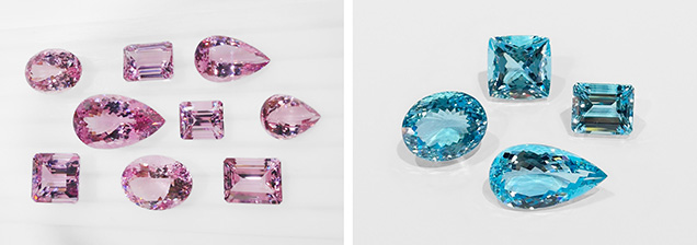 Figure 2. Left: Suite of morganite from Mozambique ranging from 27.90 ct (the center rectangular step cut) to 92.34 ct (the largest pear). These stones underwent a lengthy heating and electron radiation treatment to bring out the best color and clarity. Right: Suite of aquamarines from Madagascar. Clockwise from left: 31.88 ct oval brilliant cut, 49.08 ct cushion cut, 35.80 ct rectangular step cut, and 24.51 ct pear brilliant cut. Photos by Prateek Vijay; courtesy of Blue Star Gems.