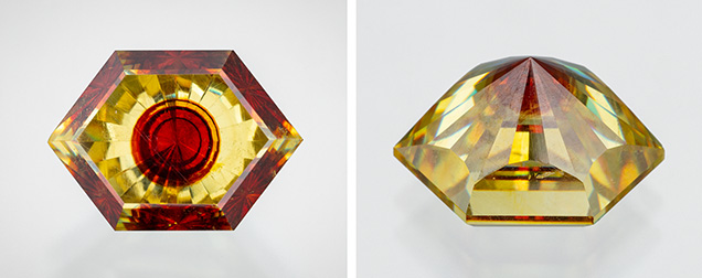A 7.70 ct yellow sphalerite from Spain exhibiting a one-of-a-kind red circular center with distinct black rings. Face-up view of the pattern (left) and face-down view showing the careful placement of the red region by the cutter (right). Photos by Robert Weldon; courtesy of Dudley Blauwet Gems.
