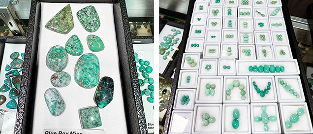 Figure 4. Variscite with matrix (left) and clear gem variscite without patterning (right). Photos by Jennifer Stone-Sundberg; courtesy of Out of Our Mines.