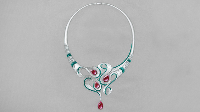 Suhan Wang&rsquo;s winning necklace design sketch for the 2023 Gianmaria Buccellati Foundation Award for Excellence in Jewelry Design, featuring platinum, emerald, ruby, diamond, and tsavorite.