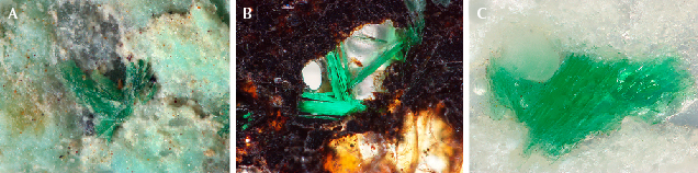 Figure 13. A: Bright green atacamite crystals associated with turquoise. B: Elongate columnar atacamite in matrix. C: Irregularly granular atacamite surrounded by quartz in matrix. Photomicrographs by Ling Liu; fields of view 1.1 mm (A) and 0.6 mm (B and C).