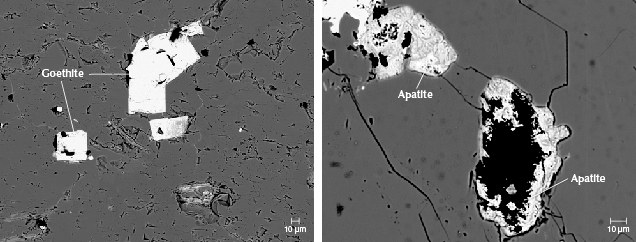 Figure 22. The occurrence of goethite and diagenetic apatite in the Tianhu East rocks, revealed in EPMA-BSE images. A: Goethite with pseudomorphic cubic forms produced by the oxidation of pyrite. B: The remaining dissolved apatite exhibits incomplete shapes with numerous cavities.