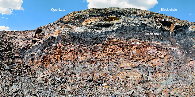 Figure 5. The outcrop profile of the bedrocks in the Tianhu East deposit, composed mainly of quartzite and black shale. Photo by Ling Liu.