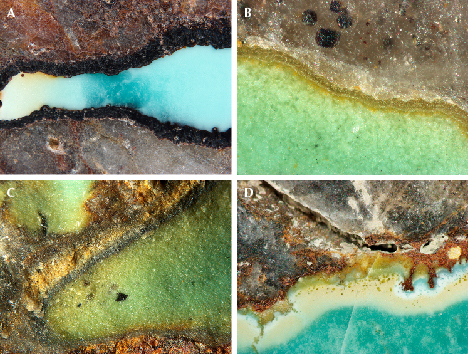 Figure 8. Turquoise samples shown in reflected light. A: Laminar turquoise (0.6–1.5 mm thick) occurred in the siliceous matrix. B–D: Yellowish green, black, and brownish yellow minerals were sandwiched between the turquoise and the siliceous matrix, exhibiting a banded or layered appearance. Photomicrographs by Ling Liu; fields of view 4.2 mm (A), 0.9 mm (B), 4.5 mm (C), and 5.8 mm (D).