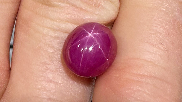 Figure 2. Exceptional 13.2 ct star ruby from Vietnam measuring 12.3 × 11.0 mm. Photo by Jennifer Stone-Sundberg; courtesy of Columbia Gem House.