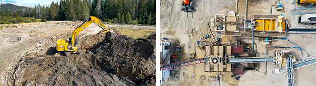 Figure 1. Left: The open pit mining operation in the “meadow” area of the Rock Creek deposit. Right: The recently built 10-jig processing plant at the new mining area. Courtesy of Potentate Mining.