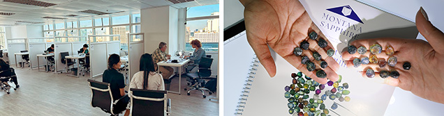 Figure 3. The inaugural Montana sapphire tender was held in Bangkok at the end of 2024. Left: The auction space featured ample natural light and private cubicles for clients to view the lots. Right: Some of the larger Montana sapphire rough offered at the inaugural tender in Bangkok. Courtesy of Potentate Mining.