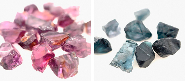 Parcels of rough pink spinel (left) and gray-blue spinel (right) from Malawi, ranging from approximately 4 to 7 ct. Courtesy of Phoenix Gems.