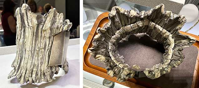 Figure 2. Left: This bangle by Pawel Kaczynski is made of ruffled stainless steel with a magnetic clasp. Right: This top view of the bangle shows its double-tier structure. Photos by Tao Hsu; courtesy of the Somewhere in the Rainbow collection.