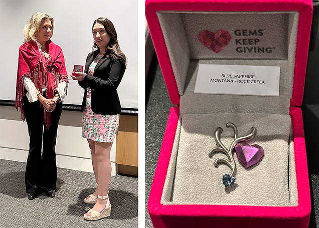 Left: Gabriela Farfan (right), Coralyn W. Whitney curator of gems and minerals for the Smithsonian National Museum of Natural History, accepts the original Gems Keep Giving pin from Hayley Henning, chairperson of the organization. Right: The original prototype pin featuring a Montana sapphire. Photos by Jennifer Stone-Sundberg.