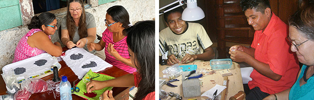 Figure 2. Jeanne Sheridan training local Guatemalan women and men to become bead stringers and metalsmiths. Photos by Pat Pannell.