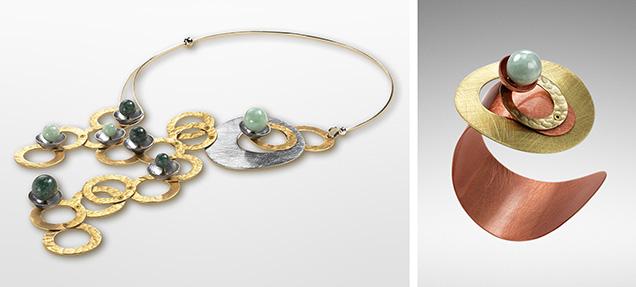 Figure 4. The “River” necklace (left) and “Flower” cuff (right) from the Sculptural Collection featuring Guatemalan jadeite jade stones. Photos by Marty Kelly; courtesy of Chick Boss.