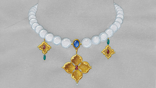 Eleanor H. Yeh’s winning necklace design sketch for the 2024 Gianmaria Buccellati Foundation Award for Excellence in Jewelry Design, featuring intricate goldwork, South Sea pearls, and vibrant gems.
