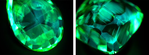 Figure 3. DiamondView imaging of two of the diamonds revealed cuboctahedral growth patterns and green fluorescence. Images by Ka Wing Tam and Wing Hin Choi.