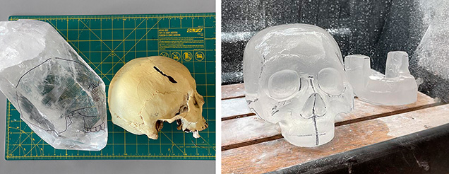 Figure 2. Left: One of the rock crystal quartz crystals from the Zigras mine in Blue Springs, Arkansas, next to the skull the artist used as a reference for the sculpture. Right: The skull and jawbone components before more details were added. Courtesy of Jarex Schmidt.
