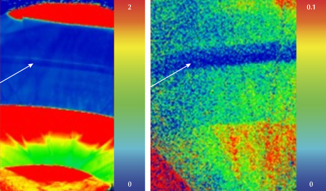 Figure 2. False-color PL maps showing normalized peak intensities (normalized using the diamond Raman line). These were collected using 532 nm excitation to document the SiV<sup>&ndash;</sup> doublet at 736.6/736.9 nm (left) and 455 nm excitation to document the H3 defect at 503.2 nm (right). The region corresponding to the blue band is indicated by an arrow.