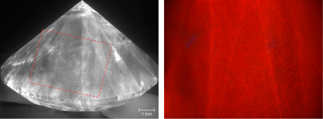 Figure 3. The absence of distinct layers and interfaces in the cathodoluminescence (left) and deep-UV fluorescence (right) images for a 10.13 ct CVD laboratory-grown diamond by Plasmability confirms that it was produced by a single growth event. Fine linear striations can be observed, characteristic of step-flow growth. Images by Elina Myagkaya (left) and Ulrika D’Haenens-Johansson (right).