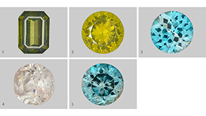 Five zircon samples studied for radioactive degradation of crystal structure.