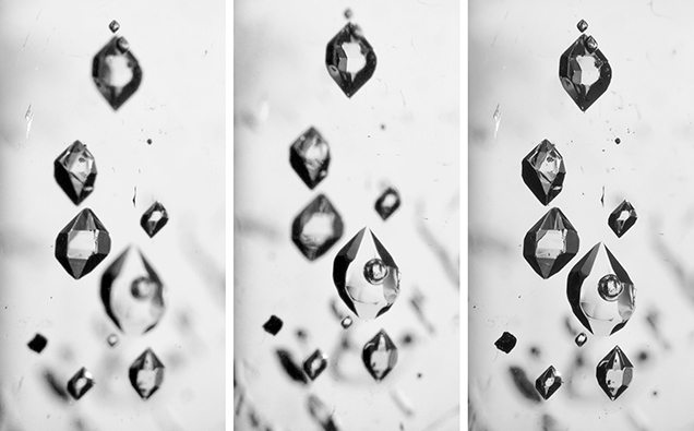 Extended depth-of-field imaging of fluid-filled negative crystals in rock crystal quartz, using 30 stacked images.