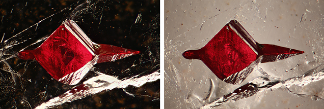 Photomicrographs of a cinnabar inclusion in barite, shown using darkfield and brightfield illumination