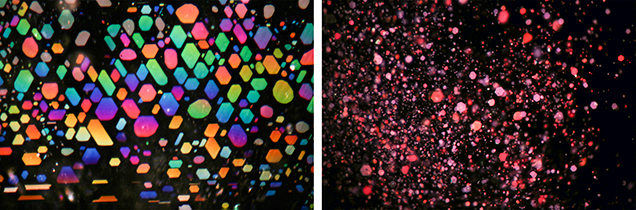 Reflective fluid inclusions in fiber-optic illumination, as seen in aquamarine and pink fire quartz.