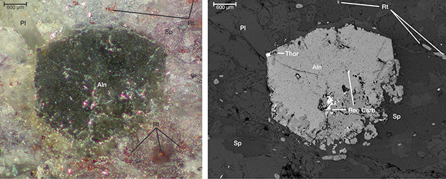 A photomicrograph and a backscattered electron image showing distinctive crystal inclusions in pink sapphire from Snezhnoe, Tajikistan.