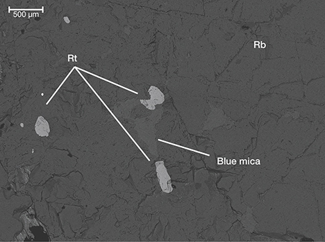 Backscattered electron image showing particles of blue mica and rutile inclusions in ruby from Snezhnoe, Tajikistan.