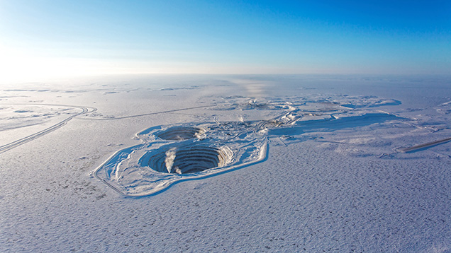 Aerial view of the Diavik diamond mine in winter