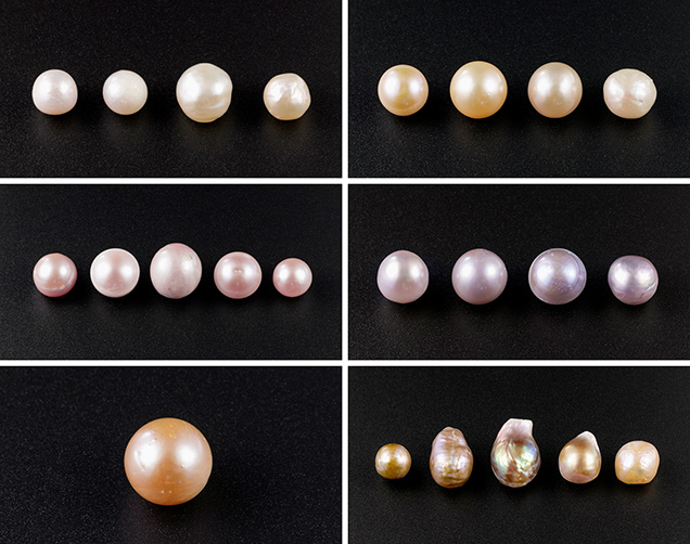 Kasumiga pearls showing a color range of cream, light yellow, pink, purple, orange, and golden with orient.