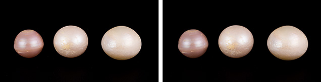 Pink Kasumiga pearls before and after fading test