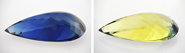 The blue o-ray (left) and a yellow e-ray (right) of the beryl.