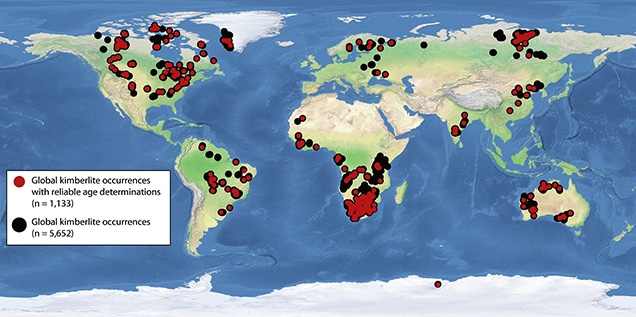 Figure 2. Map showing the known occurrences of kimberlites worldwide and their restriction to the oldest parts of the world’s continents. From Tappe et al. (2018), used with permission.