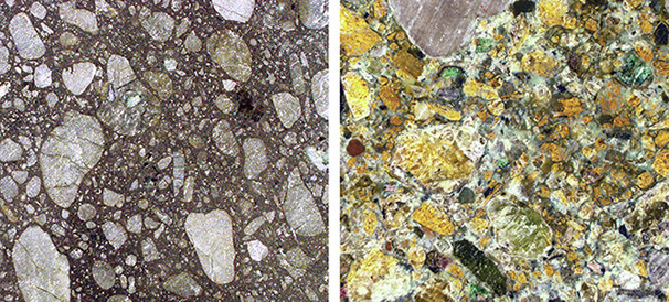 Figure A-1. Images of kimberlite textures. Left: Hypabyssal kimberlite from the Grizzly 3 kimberlite, Canada (field of view 7.62 cm). Right: Volcaniclastic kimberlite from the Victor North kimberlite, Canada (field of view 7.62 cm). Photos by Steve Shirey. 