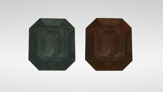 This 2.11 ct octagonal mixed-cut spessartine displays a color-change phenomenon.