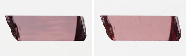 Mozambican ruby showing blue zones when viewed perpendicular to c-axis