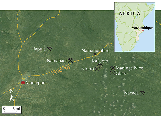 Map of main ruby mining areas around Montepuez, Mozambique