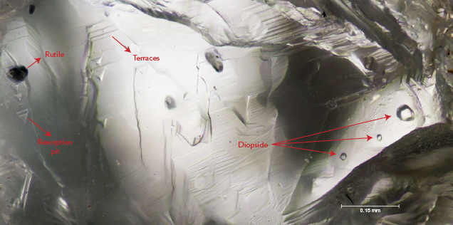 Dissolution surface features and inclusions of rutile and diopside in diamond.