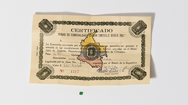 1964 Certificate for a faceted emerald from Chivor