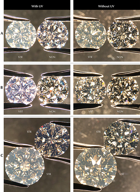 Diamonds with different UV intensities imaged under microscope darkfield illumination