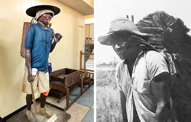 Wood carving (left) and historical photograph (right) of Afro-Guyanese artisanal miner.