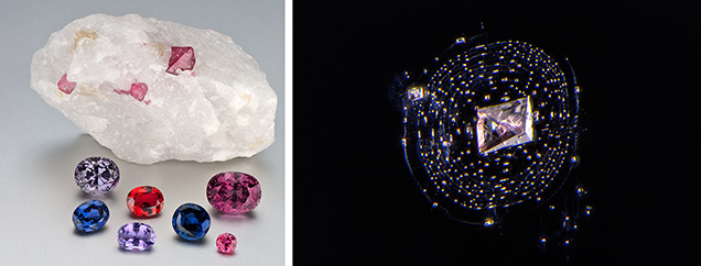 Spinel forms where magnesium-rich dolomite is present (left); dolomite-filled negative crystal inclusion (right).