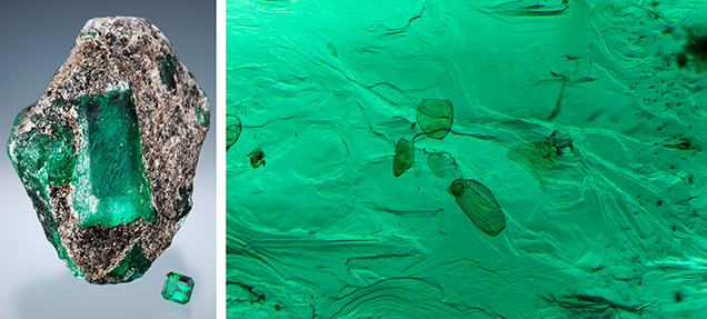 Emerald from mica-rich schist (left); dark mica platelet inclusions (right).